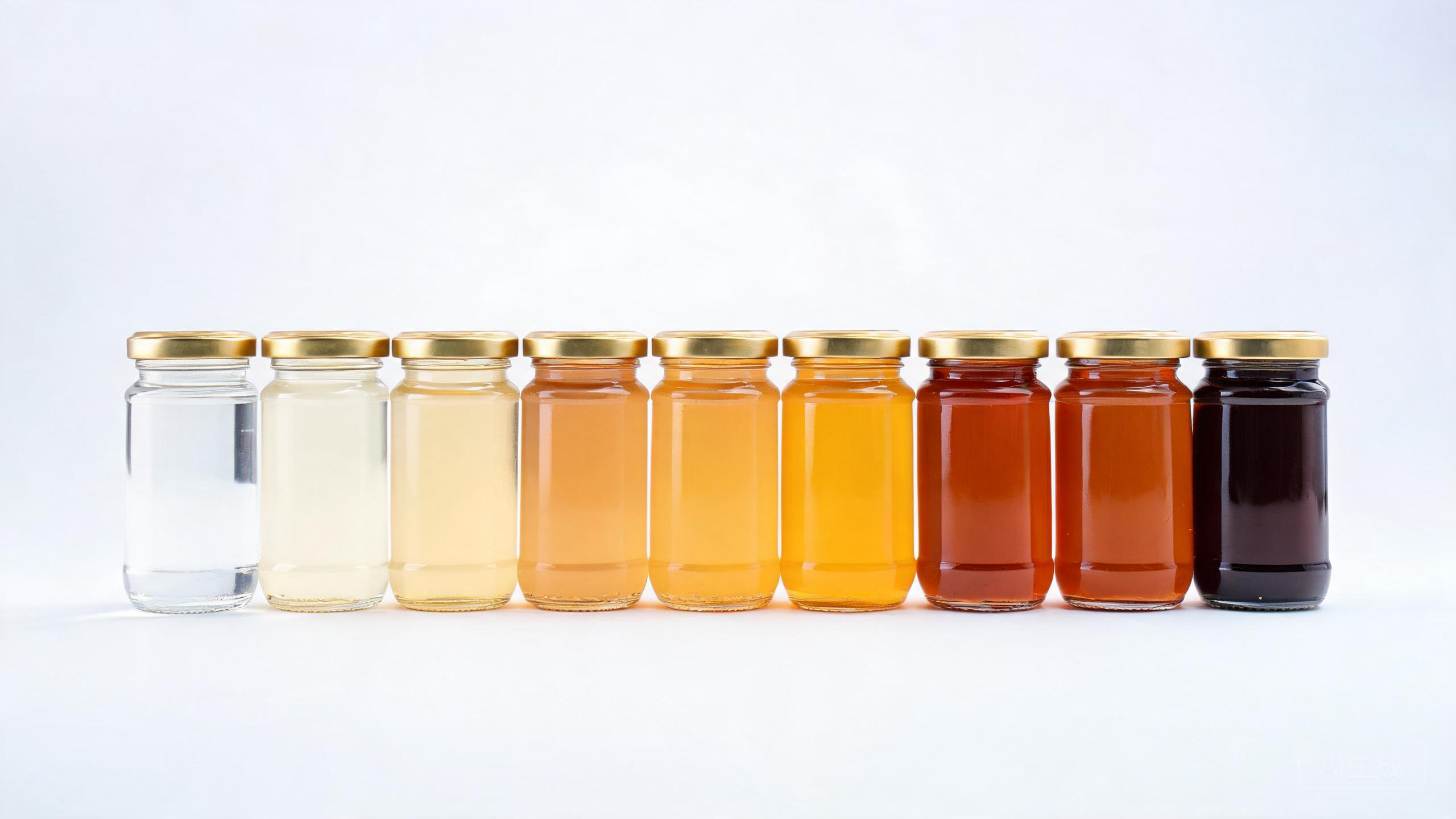 Honey color comparison chart - 10 varieties from light acacia to dark buckwheat